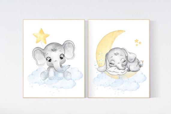 Nursery decor neutral, nursery wall art elephant, moon and stars, gender neutral, baby room decor, elephant balloon, elephant nursery