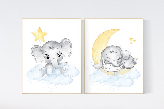 Nursery decor neutral, nursery wall art elephant, moon and stars, gender neutral, baby room decor, elephant balloon, elephant nursery