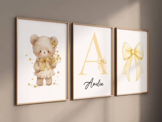 Yellow Bow Nursery Wall Art Set of 3, Teddy Bear Nursery Decor