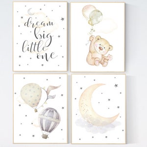 Nursery decor bear, nursery decor neutral, hot air balloon nursery art, dream big little one, moon and stars, neutral colors nursery decor