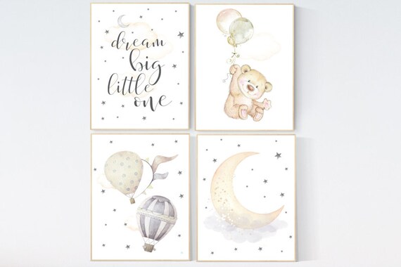 Nursery decor bear, nursery decor neutral, hot air balloon nursery art, dream big little one, moon and stars, neutral colors nursery decor