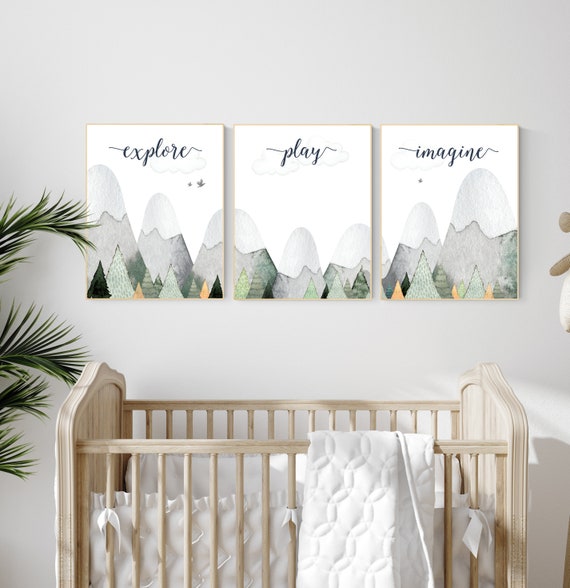 Nursery decor boy mountain, sage green, adventure nursery, adventure theme nursery, woodland, gender neutral, explore, play, imagine, olive