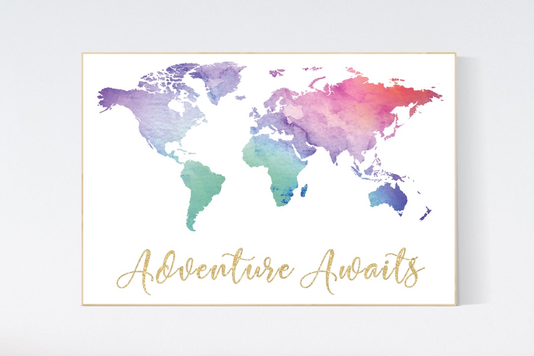 Watercolor World Map Poster: Pink, Purple, Mint Nursery Decor - Etsy