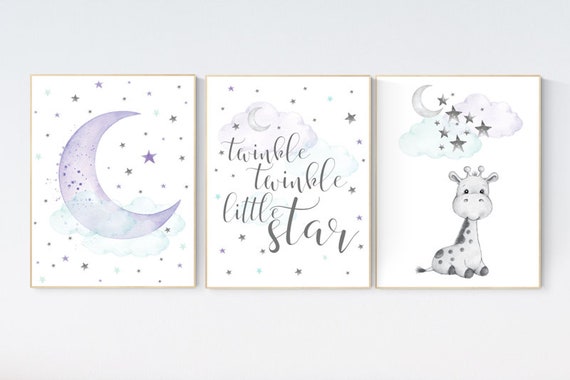 Nursery decor purple and mint, Giraffe nursery wall art, moon and stars, turquoise , lavender, girl nursery decor giraffe, cloud and stars