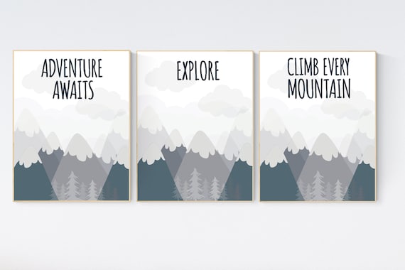 Adventure nursery decor, travel adventure nursery, nursery wall art boy, nursery prints boy mountain, airplane, world map, adventure awaits