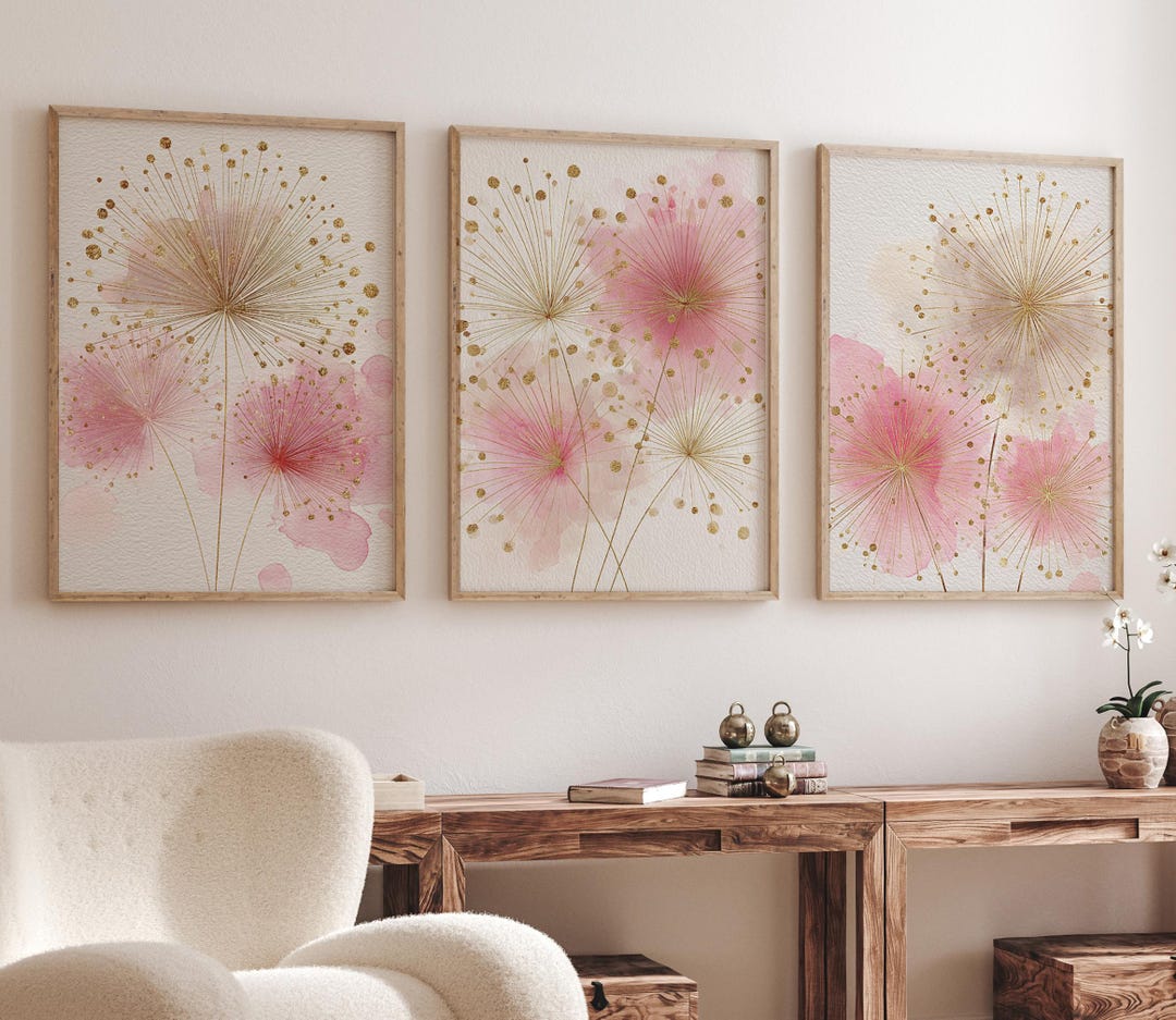 Pink Floral Nursery Wall Art Set, Blush Gold Flower Prints - Etsy