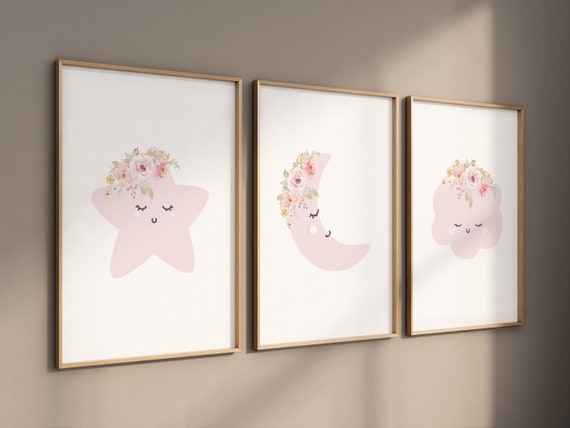 Moon nursery decor, baby pink nursery, flower nursery, nursery decor girl, star print, cloud print, girls room decor, pink nursery
