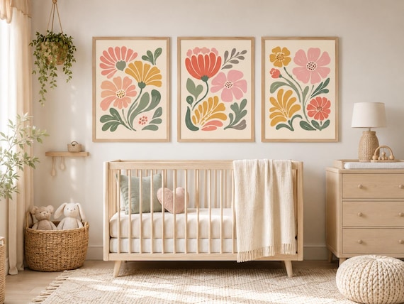 Boho Floral Wall Art Set of 3, Abstract Flower Prints, Pink Terracotta Sage Nursery Decor