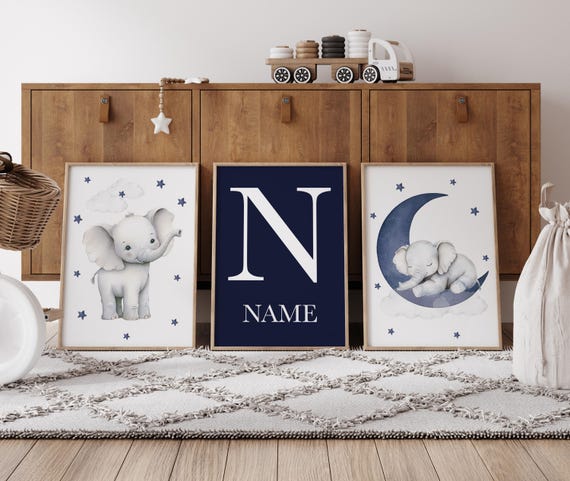 Elephant Nursery Decor: Navy Moon & Stars Boy Wall Art
