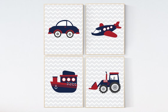 Transportation nursery, kids decor, vehicles wall art, navy red nursery, Baby Boy Nursery, playroom decor, boy decor, boys room decor