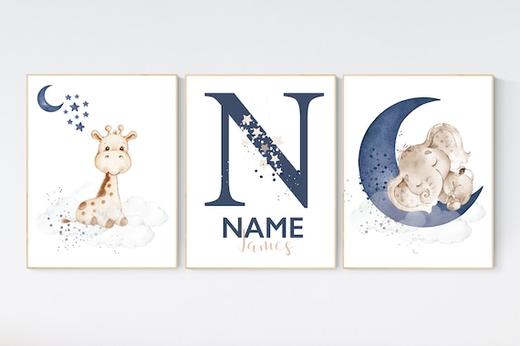 Nursery wall art animals, baby room decor navy blue, baby room decor, elephant, giraffe, animal nursery decor, name nursery