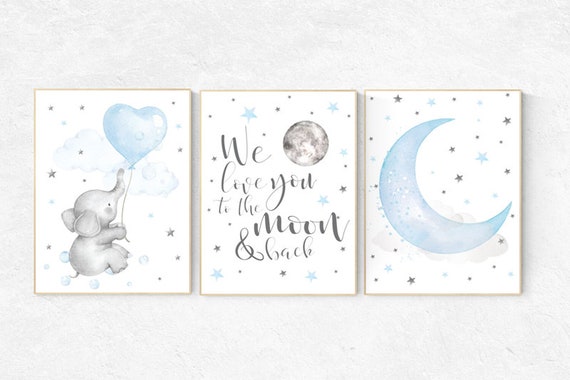 Elephant nursery, Blue and gray, we love you to the moon and back, Nursery decor boy, nursery decor, boys room, clouds and stars, blue grey