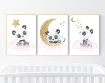 Lámina de panda para guardería: decoración de habitación de niña en rosa y dorado