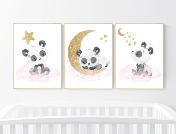 Nursery decor girl, panda nursery, pink and gold nursery wall art, panda nursery print, nursery decor animal, girl nursery wall decor, panda