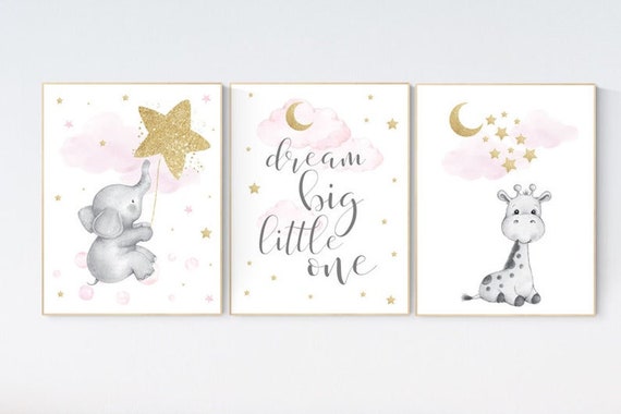 Canvas Listing: Nursery wall art girl, giraffe nursery, baby room decor girl gold and pink, dream big little one, cloud and stars