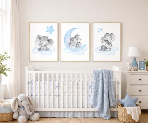 Elephant Nursery Art Prints: Baby Boy Room Decor, Cloud & Stars