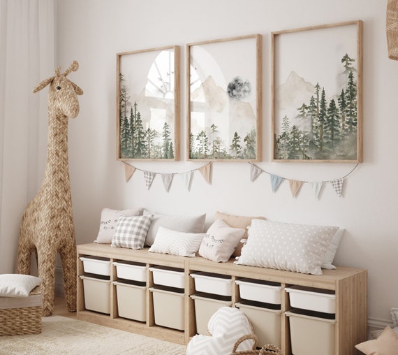 Nursery decor mountain, nursery wall art, tree nursery decor, adventure theme nursery, forest, sage green, beige, woodland animals