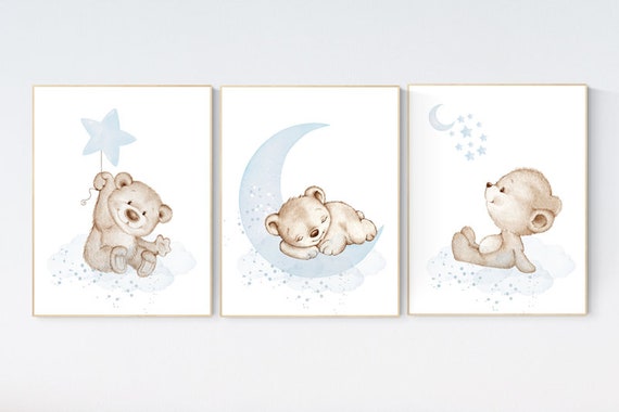 Nursery decor bear, nursery decor boy, bear nursery print, teddy bear decor, nursery wall art animals, boy nursery wall decor, blue nursery