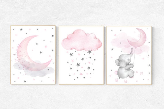 Nursery decor girl pink and gray, elephant nursery, nursery decor girl pink, pink and grey, cloud and stars, pink nursery, pink gray nursery