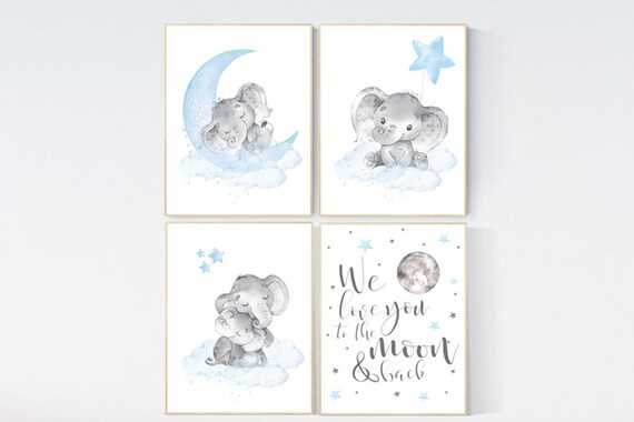 Nursery decor boy elephant, blue nursery decor, we love you to the moon and back, moon and stars, blue nursery art, elephant nursery boy