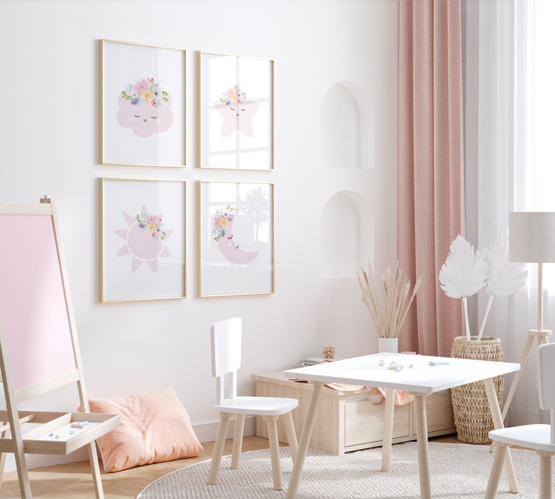 Floral Moon Nursery Print: Pink Star, Cloud, Sun Decor - Etsy