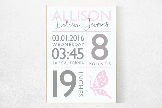 Girl birth announcement nursery decor, butterfly, pink nursery decor, nursery prints, baby birth print baby stats new baby gift Personalized