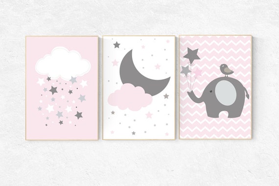 Pink nursery decor, Elephant Nursery Art, moon nursery, baby girl, pink gray, pink grey, elephant nursery, baby girl wall decor girl nursery
