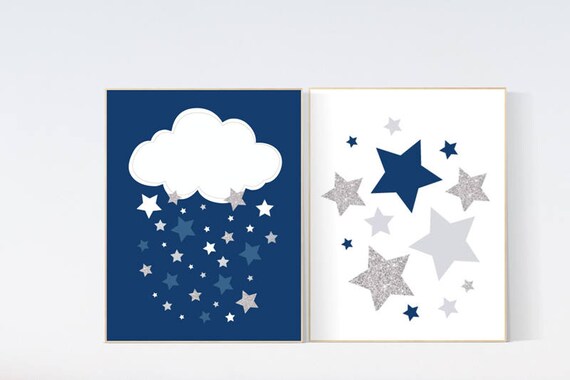 Navy silver nursery, cloud nursery art, star nursery, nursery decor boy, Baby boy nursery decor, navy gray nursery, boys room wall art