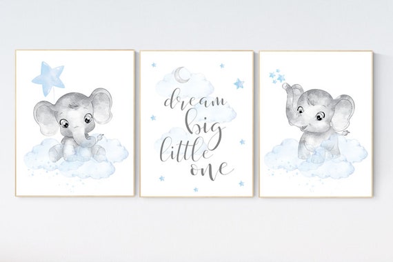 Nursery decor boy elephant, nursery wall art elephant, baby room decor boy, cloud and stars, Elephant Nursery Art, Baby Boy Nursery Art