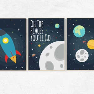 Oh the places you&#39;ll go, Space nursery decor, Space themed nursery, outer space, boys room wall art, baby boy, playroom, kids room