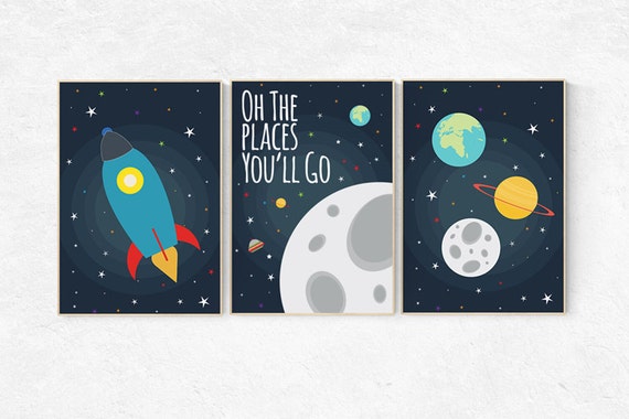 Oh the places you'll go, Space nursery decor, Space themed nursery, outer space, boys room wall art, baby boy, playroom, kids room