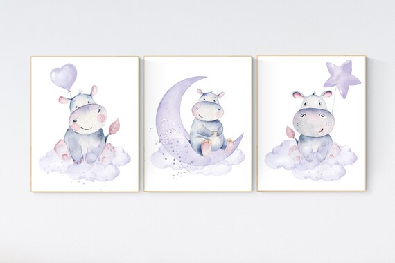 Nursery prints hippo, hippos, animal prints, purple nursery, nursery decor girl, hippopotamus, cute hippo, nursery wall art, lilac, lavender