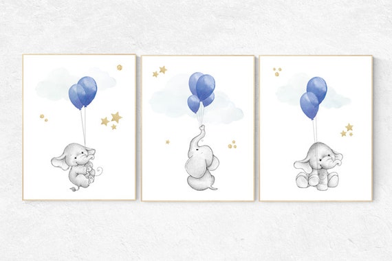 Nursery decor elephant, navy elephant nursery gender, neutral nursery prints, nursery wall art animals, elephant balloon, navy and gold