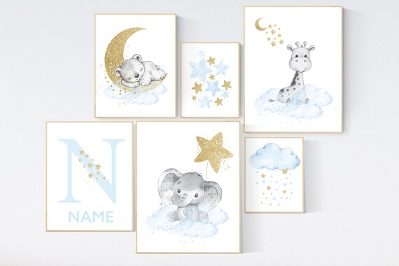 Nursery decor boy elephant and giraffe, Animal nursery for boys, blue gold, baby room wall art, nursery wall art animals, name nursery art