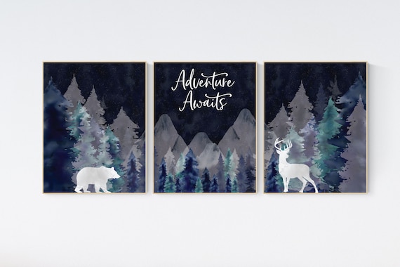 Nursery decor woodland, mountain wall art, tree nursery decor, adventure theme nursery, forest, navy and teal, woodland animals