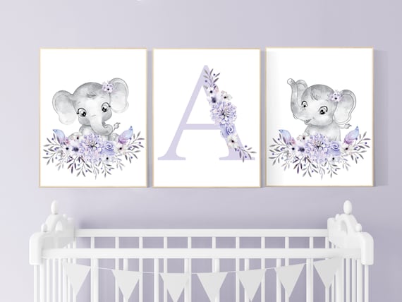 Purple nursery, Boho baby room, nursery wall art elephant, nursery decor girl, nursery decor girl floral, lilac nursery decor, lavender