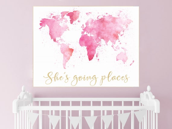 Pink gold world map watercolor, oh the places you'll go, pink and gold, world map print for nursery, nursery decor girl, pink and gold