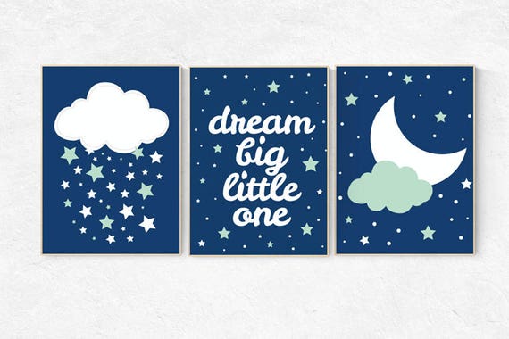 Navy mint nursery, dream big little one, cloud nursery art, Baby boy nursery decor, navy mint nursery, boys room wall art, baby room prints