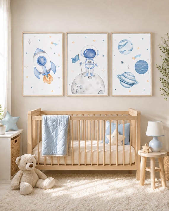 Space Nursery Prints, Astronaut, Rocket, Planets Wall Art - Set of 3