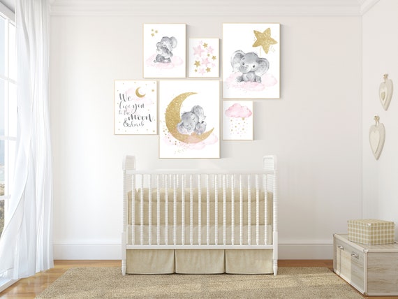 Nursery decor girl, Nursery decor elephant, baby room decor girl gold and pink, gold nursery art, to the moon and back, cloud stars nursery