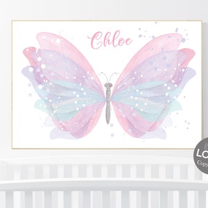 Decoração de berçário menina borboleta, cores pastel, berçário rosa, arte de berçário de borboletas, decoração de quarto de meninas, estampas de borboletas, berçário lilás
