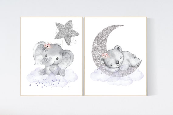 Animal nursery, nursery decor girl purple silver, nursery decor girl woodland animals, teddy bear, elephant, nursery prints girl