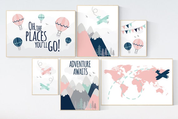 Adventure nursery decor, blush pink mint , mountain art print set, pink navy wall art, airplane, world map, adventure awaits hot air balloon