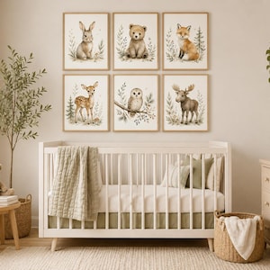 Woodland Nursery Wall Art Set of 6, Forest Animal Prints, Bear Bunny Fox Deer image 3