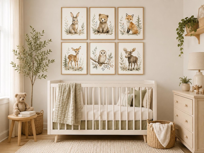 Woodland Nursery Wall Art Set of 6, Forest Animal Prints, Bear Bunny Fox Deer image 3