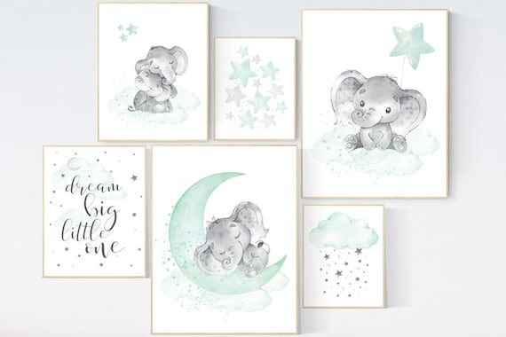 Nursery decor mint, mint green nursery, elephant nursery, dream big little one, gender neutral nursery, elephant nursery. moon and clouds