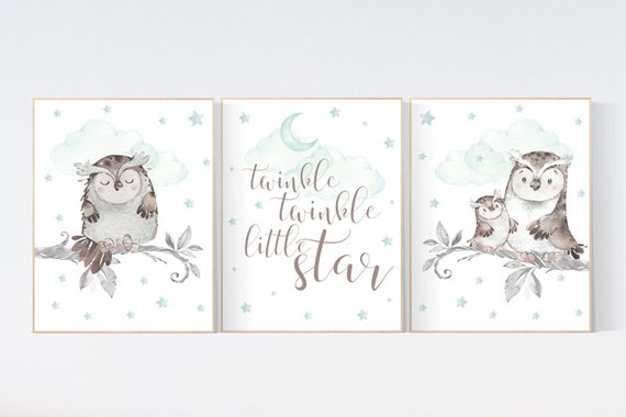 Nursery decor owl, owl nursery art, mint nursery decor, twinkle twinkle little star, nursery wall art mint, mint green, gender neutral