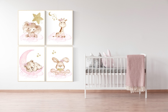 Pink and gold nursery, Nursery decor girl elephant, animal nursery, bunny nursery art, pink gold, bear nursery, giraffe baby room wall art
