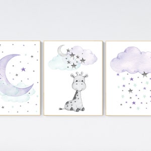 Nursery decor giraffe, Nursery decor girl purple, moon and stars, purple mint, lavender, girl nursery decor giraffe, cloud and stars