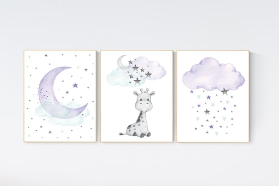 Nursery decor giraffe, Nursery decor girl purple, moon and stars, purple mint, lavender, girl nursery decor giraffe, cloud and stars